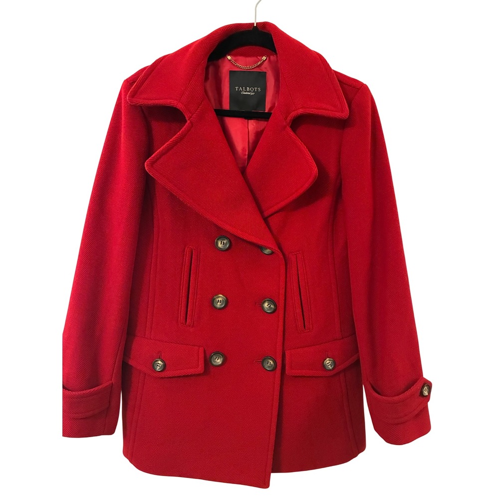 Talbots Red Herringbone Wool Blend Double Breasted Pea Coat Jacket Womens 6